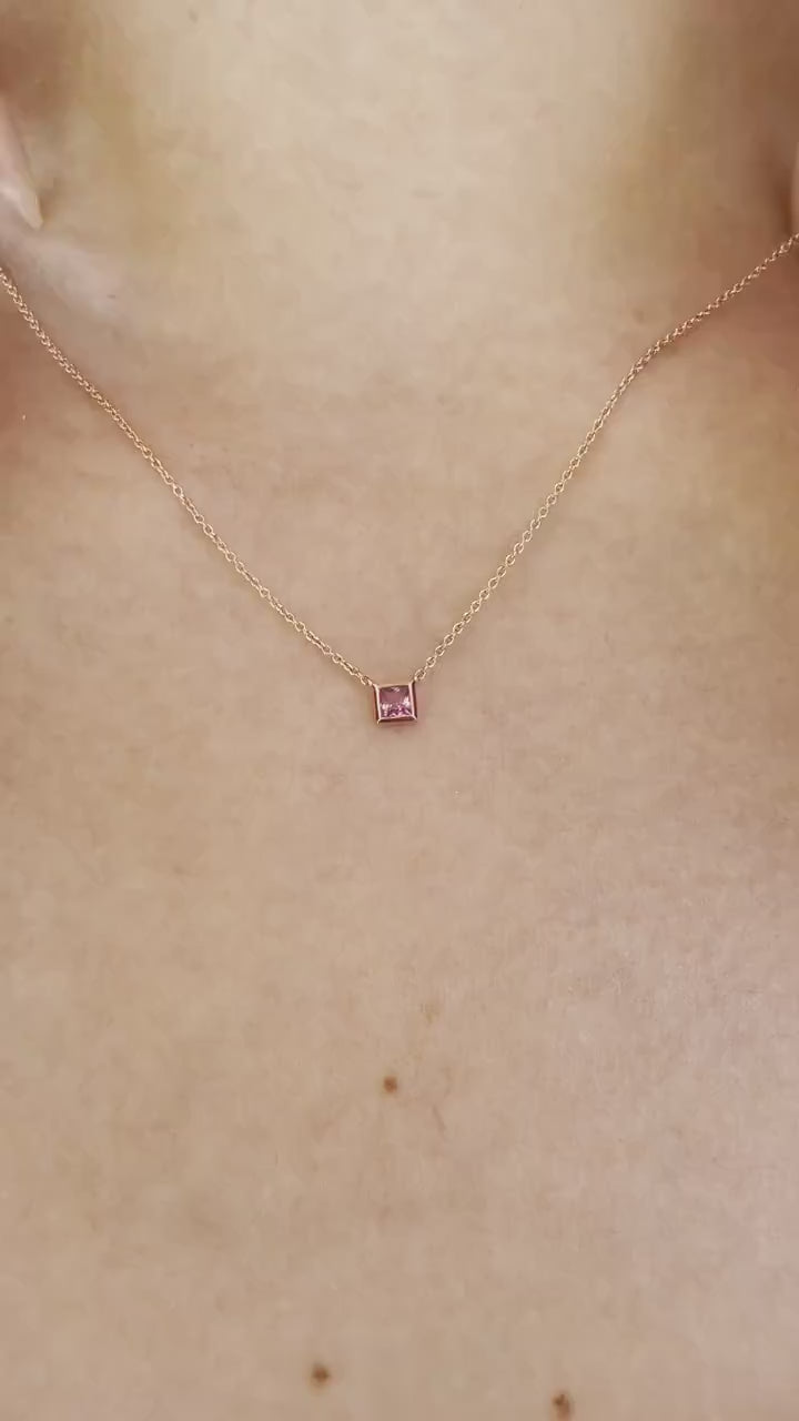 14K Solid Gold Genuine Pink Sapphire Square Necklace