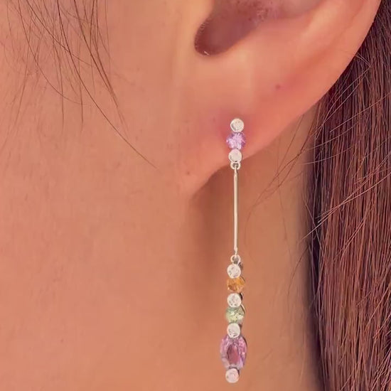 18K Solid White Gold Rainbow Sapphire and Diamond Drop Earrings | Natural Multi Sapphire Dangle Earrings | Luxury Gemstone Earrings