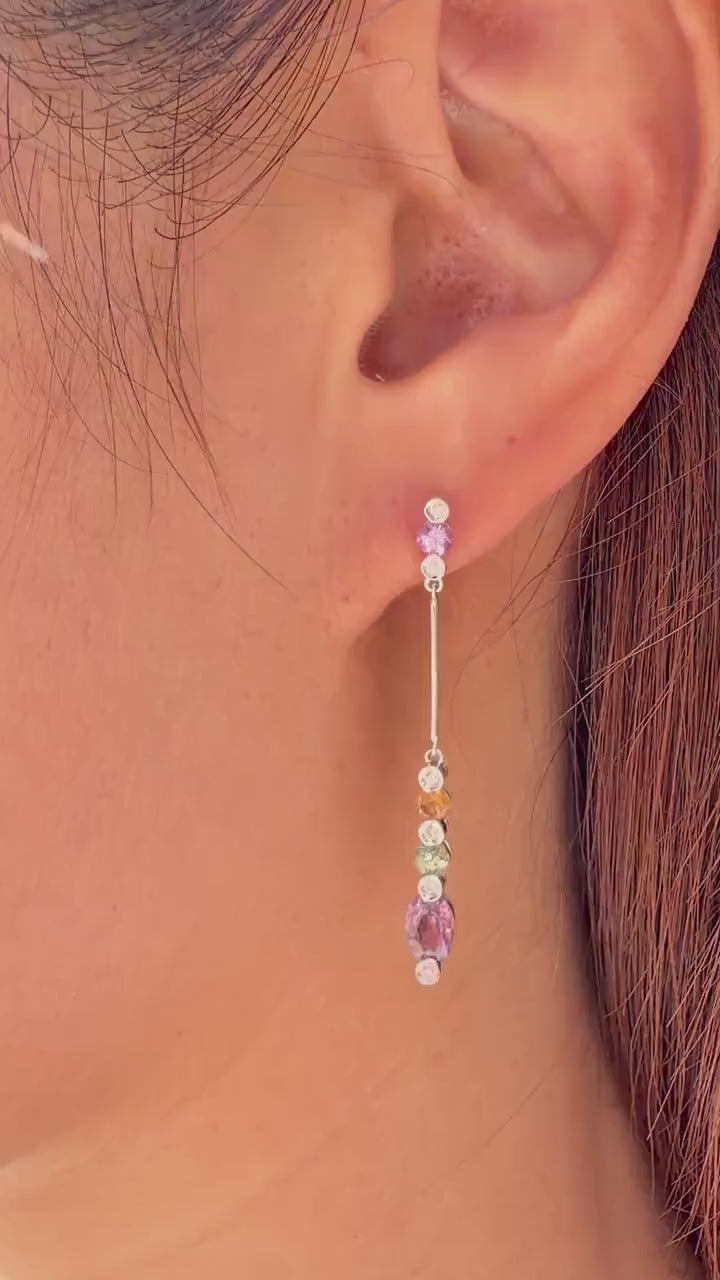 18K Solid White Gold Rainbow Sapphire and Diamond Drop Earrings | Natural Multi Sapphire Dangle Earrings | Luxury Gemstone Earrings
