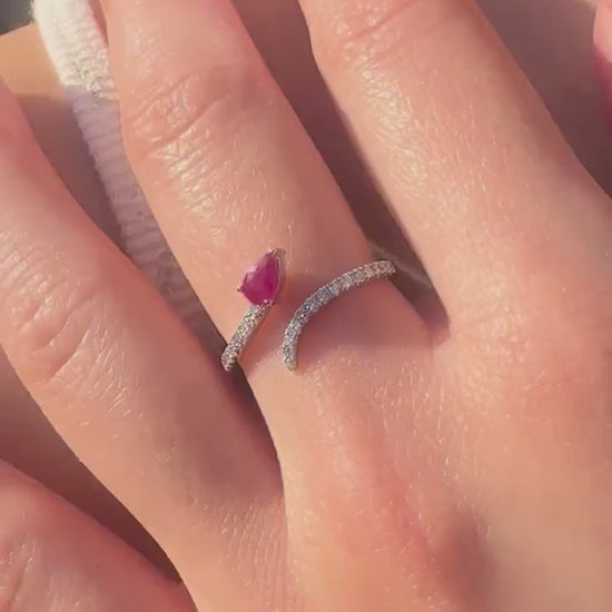 14K Solid White Gold Genuine Teardrop Ruby and Diamond Open Ring