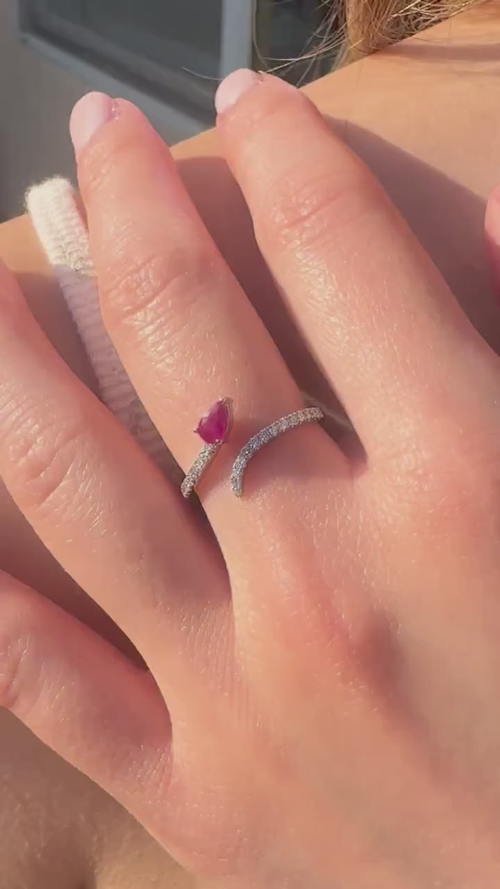 14K Solid White Gold Genuine Teardrop Ruby and Diamond Open Ring