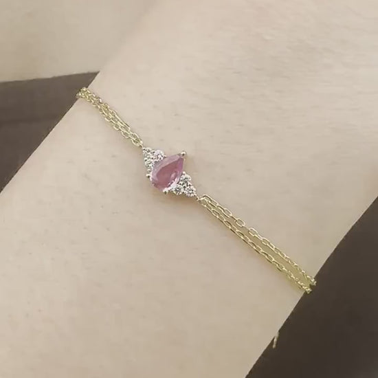 14K Solid Gold Genuine Pink Sapphire and Diamond Double Chain Bracelet