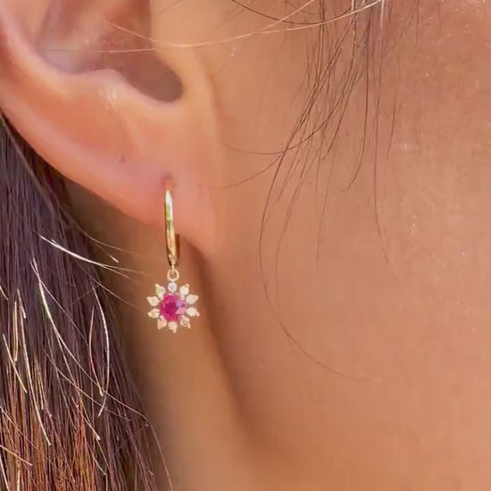 Solid 14K Gold Natural Ruby Diamond Sun Hoop Earrings, Genuine Burma Ruby Dangle, July Birthstone Gift for Her