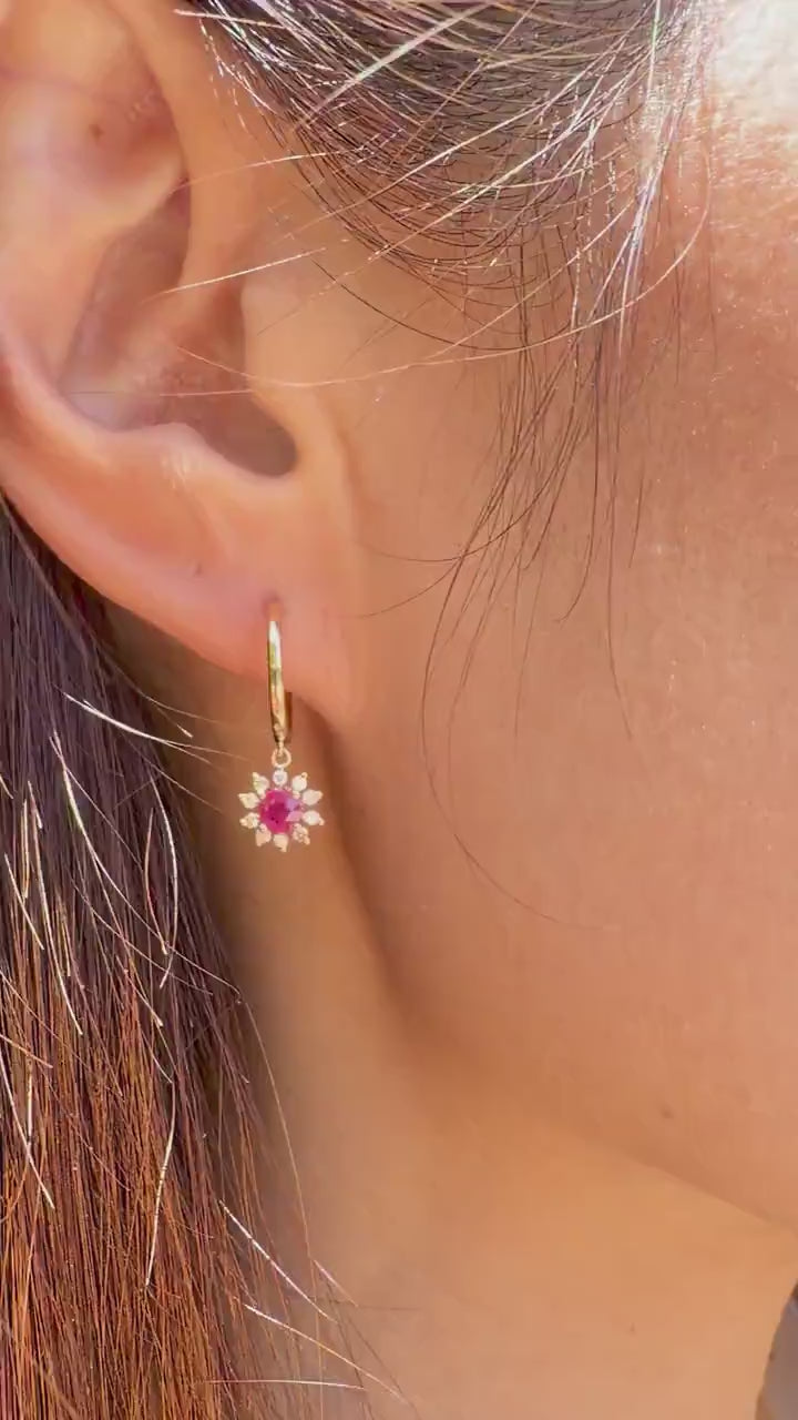 Solid 14K Gold Natural Ruby Diamond Sun Hoop Earrings, Genuine Burma Ruby Dangle, July Birthstone Gift for Her
