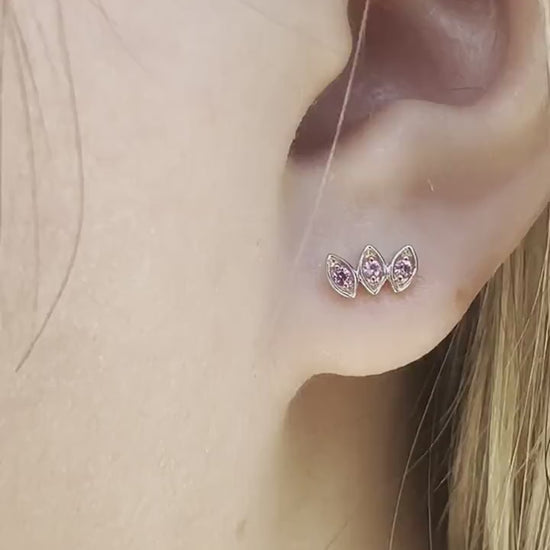 14K Solid Gold Genuine Pink Sapphire Bezel Leaf Studs/Pair
