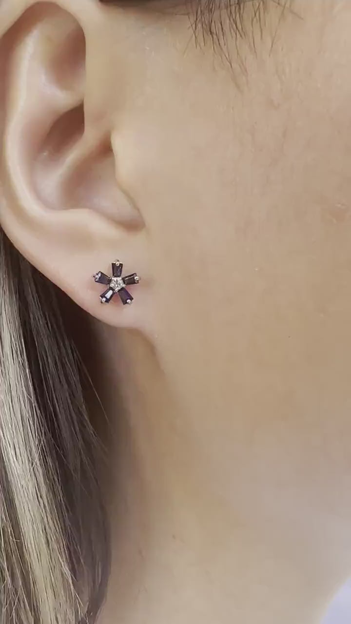 14K Solid White Gold Genuine Sapphire and Diamond Flower Studs/Pair