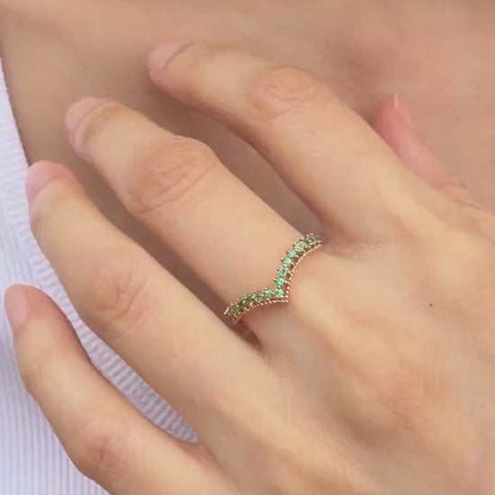Natural Emerald Ring, 18K Solid Rose Gold Chevron Ring, Genuine Emerald Stacking Ring, May Birthstone Ring, Anniversary Gift for Her