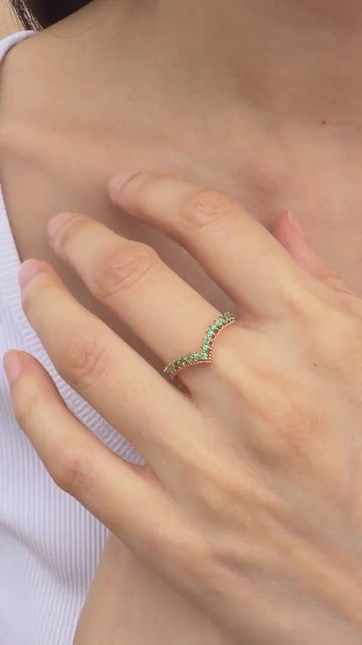 Natural Emerald Ring, 18K Solid Rose Gold Chevron Ring, Genuine Emerald Stacking Ring, May Birthstone Ring, Anniversary Gift for Her
