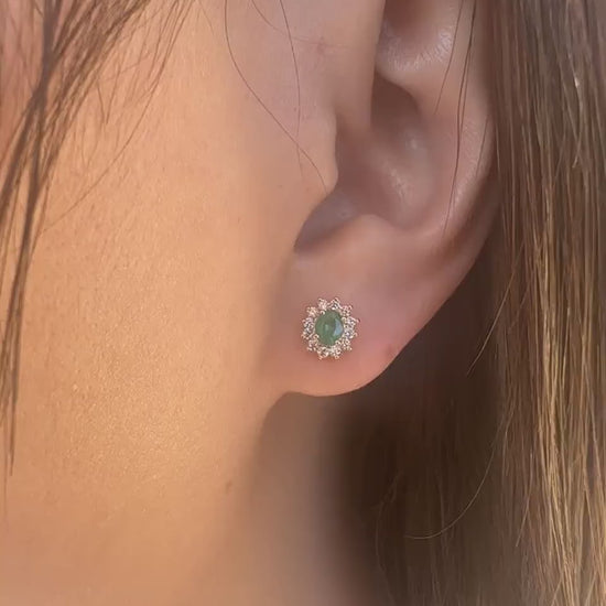 14K Solid Gold Genuine Emerald and Diamond Halo Studs/Pair