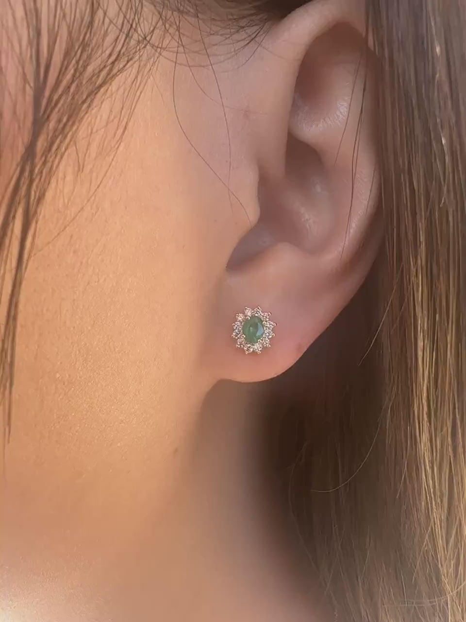 14K Solid Gold Genuine Emerald and Diamond Halo Studs/Pair