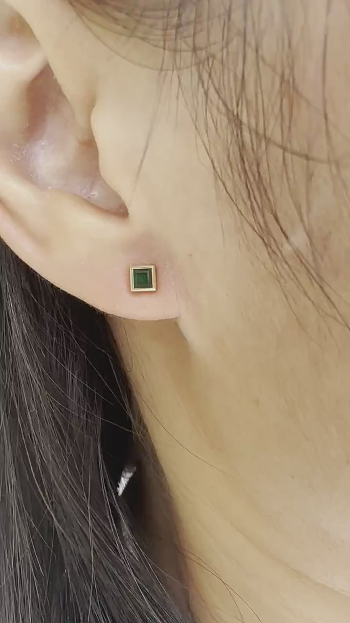 14K Solid Gold Genuine Square Emerald Bezel Studs/Pair