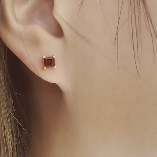 14K Solid Gold Genuine 4mm Garnet Square Studs/Pair