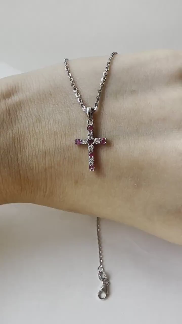 14K Solid Gold Genuine Ruby and Diamond Cross Pendant (pendant only)