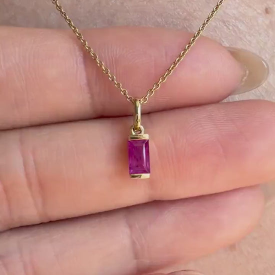 14K Gold Ruby Pendant Necklace, Genuine Ruby Baguette Necklace, July Birthstone Jewelry, Dainty Gold Necklace, Minimalist Gemstone Pendant