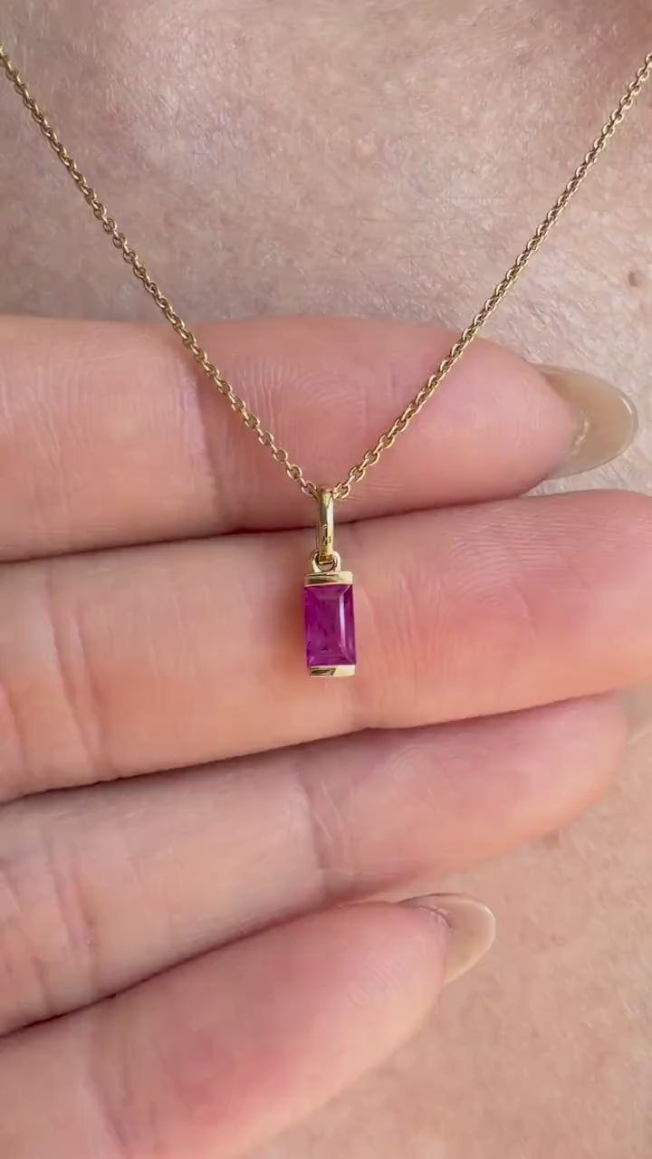 14K Gold Ruby Pendant Necklace, Genuine Ruby Baguette Necklace, July Birthstone Jewelry, Dainty Gold Necklace, Minimalist Gemstone Pendant