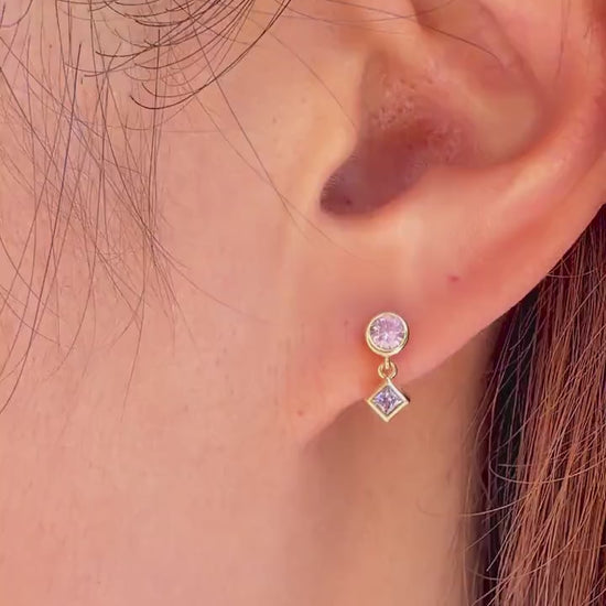 14K Solid Gold Genuine Pink & Lavender Sapphire Bezel Dangle Earrings