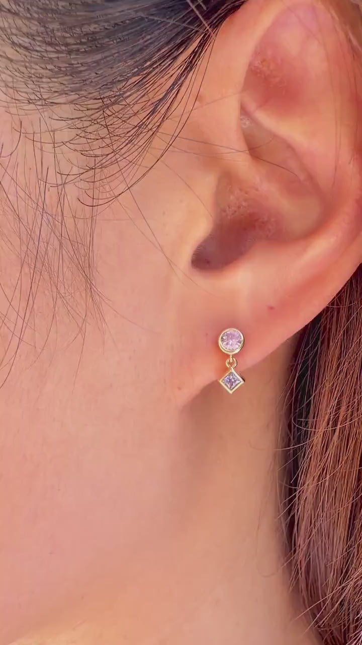 14K Solid Gold Genuine Pink & Lavender Sapphire Bezel Dangle Earrings