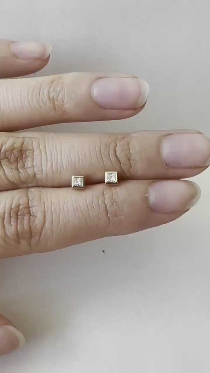 14K Solid Gold Genuine Square Diamond Bezel Studs/Pair
