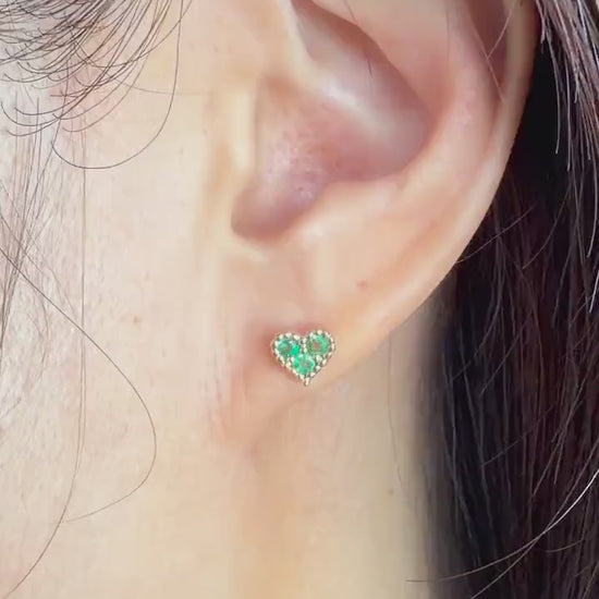 Emerald Heart Earrings, 14K Yellow Gold Natural Emerald Studs, Three Stone Heart Studs, May Birthstone Gift for Her