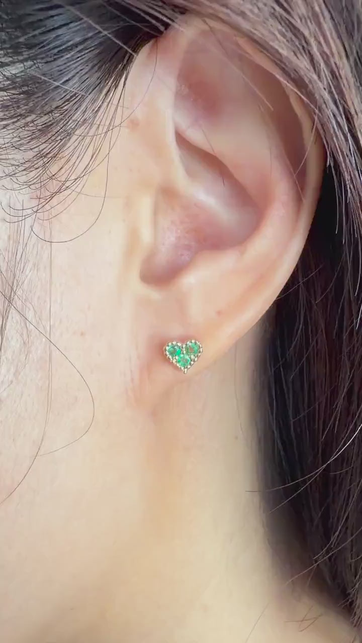Emerald Heart Earrings, 14K Yellow Gold Natural Emerald Studs, Three Stone Heart Studs, May Birthstone Gift for Her