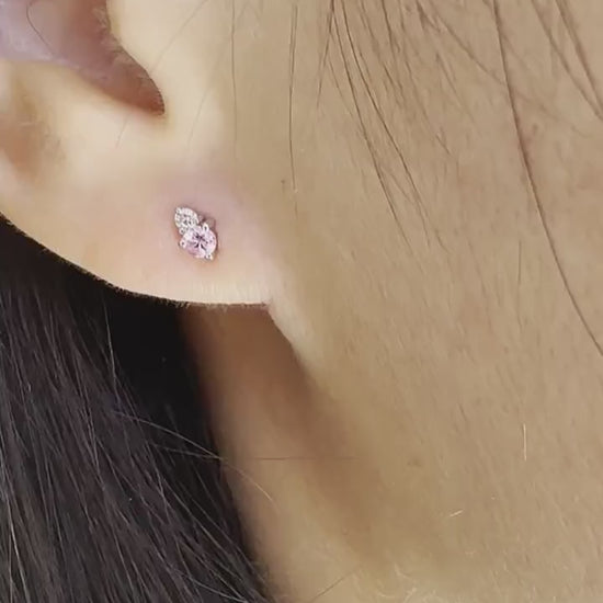 14K Solid Gold Genuine Pink Sapphire and Diamond Stacked Studs/Pair