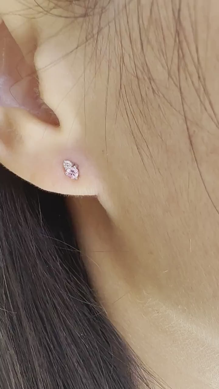 14K Solid Gold Genuine Pink Sapphire and Diamond Stacked Studs/Pair