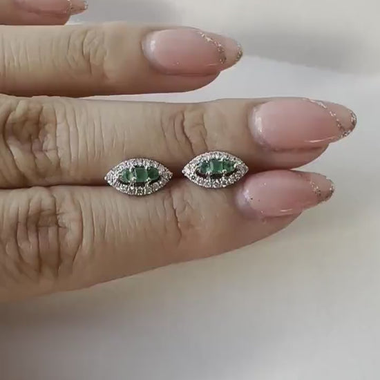 Emerald Diamond Stud Earrings 18K White Gold, Natural Emerald Studs, Marquise Halo Earrings, May Birthstone Gift