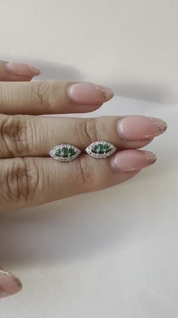 Emerald Diamond Stud Earrings 18K White Gold, Natural Emerald Studs, Marquise Halo Earrings, May Birthstone Gift