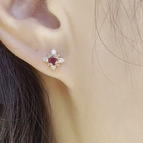 14K Solid Gold Ruby and Diamond Star Studs/Pair