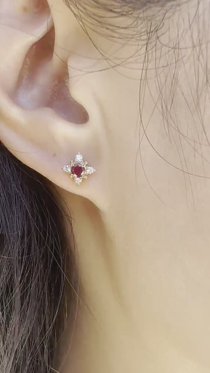 14K Solid Gold Ruby and Diamond Star Studs/Pair