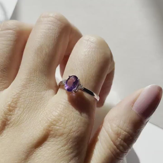 14K Solid White Gold Natural Amethyst Diamond Ring | Genuine Amethyst Engagement Ring | Oval February Birthstone Promise Ring
