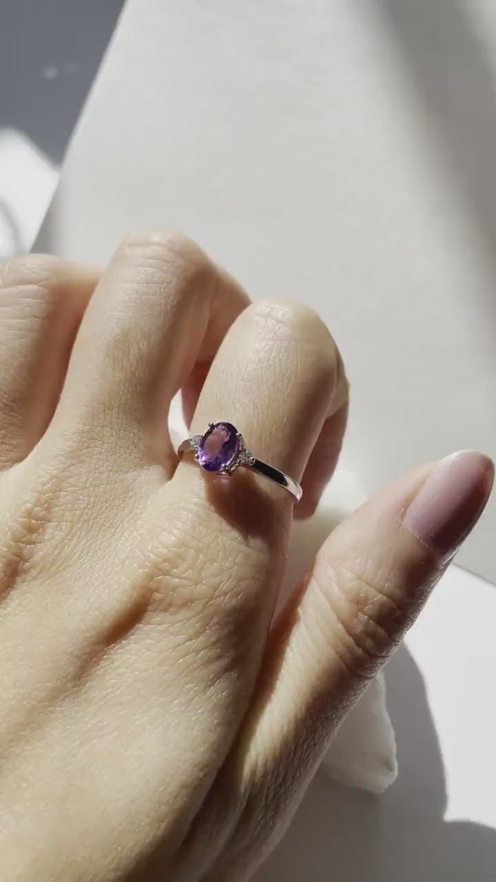 14K Solid White Gold Natural Amethyst Diamond Ring | Genuine Amethyst Engagement Ring | Oval February Birthstone Promise Ring