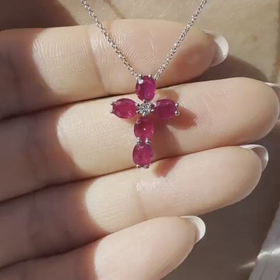 18K Solid White Gold Genuine Ruby Diamond Cross Pendant | July Birthstone Pendant | Natural Ruby (PENDANT ONLY)