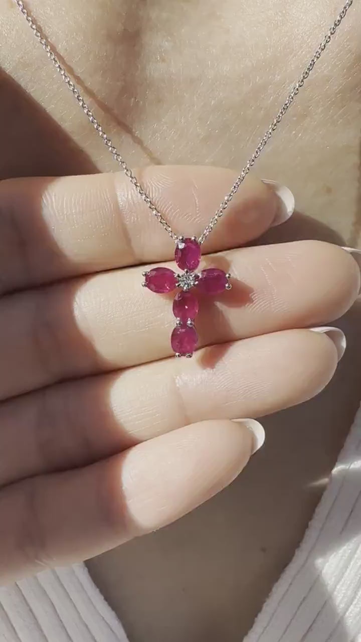 18K Solid White Gold Genuine Ruby Diamond Cross Pendant | July Birthstone Pendant | Natural Ruby (PENDANT ONLY)