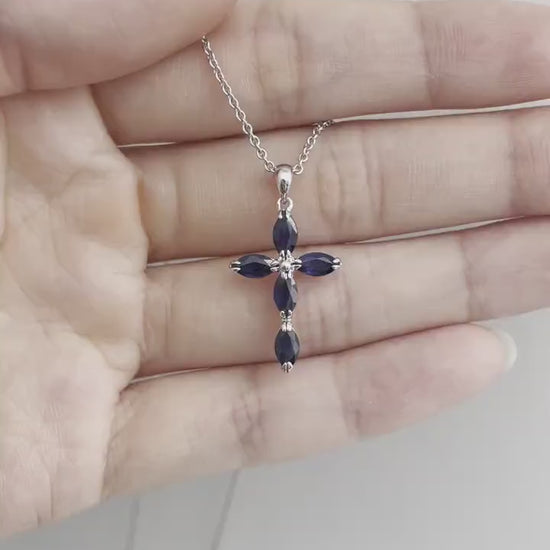 Sapphire Cross Necklace, 14K Solid Gold Marquise Sapphire Pendant, September Birthstone Gift
