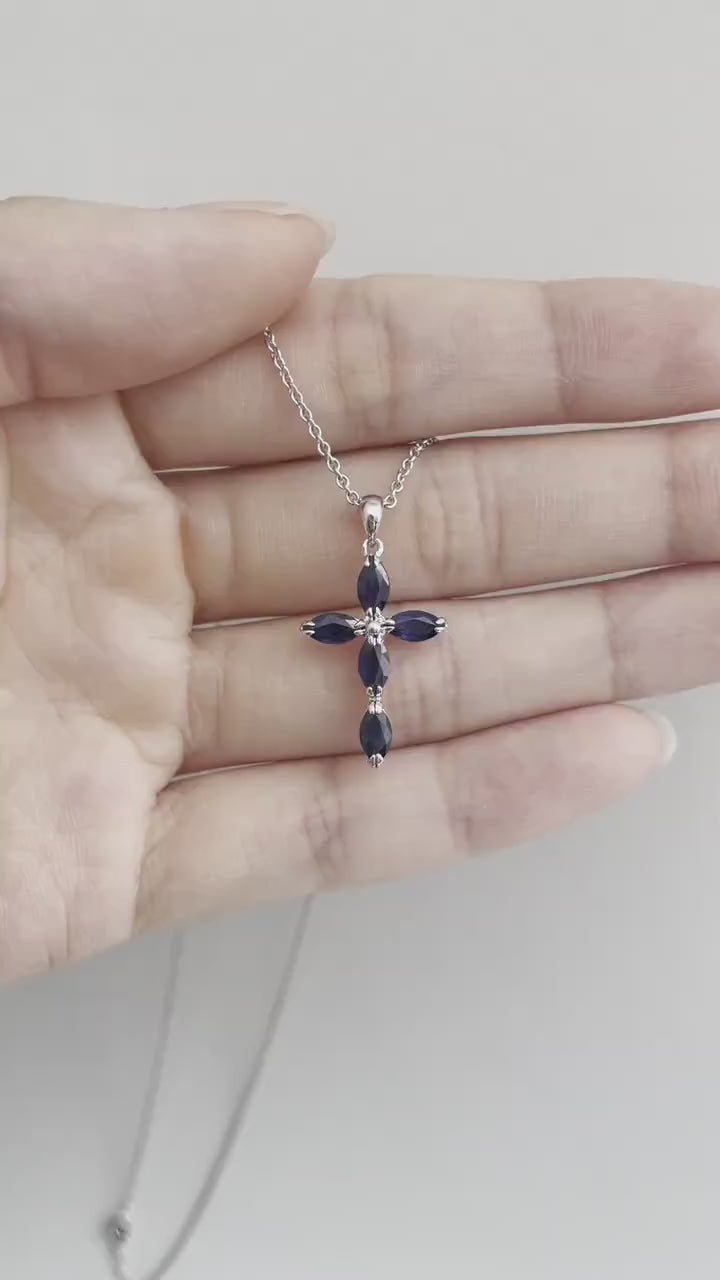 Sapphire Cross Necklace, 14K Solid Gold Marquise Sapphire Pendant, September Birthstone Gift