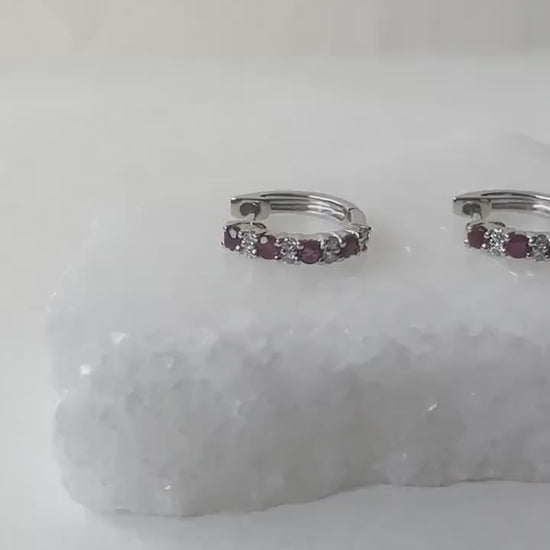 18K Solid Gold Genuine Ruby and Diamond Hoops/Pair