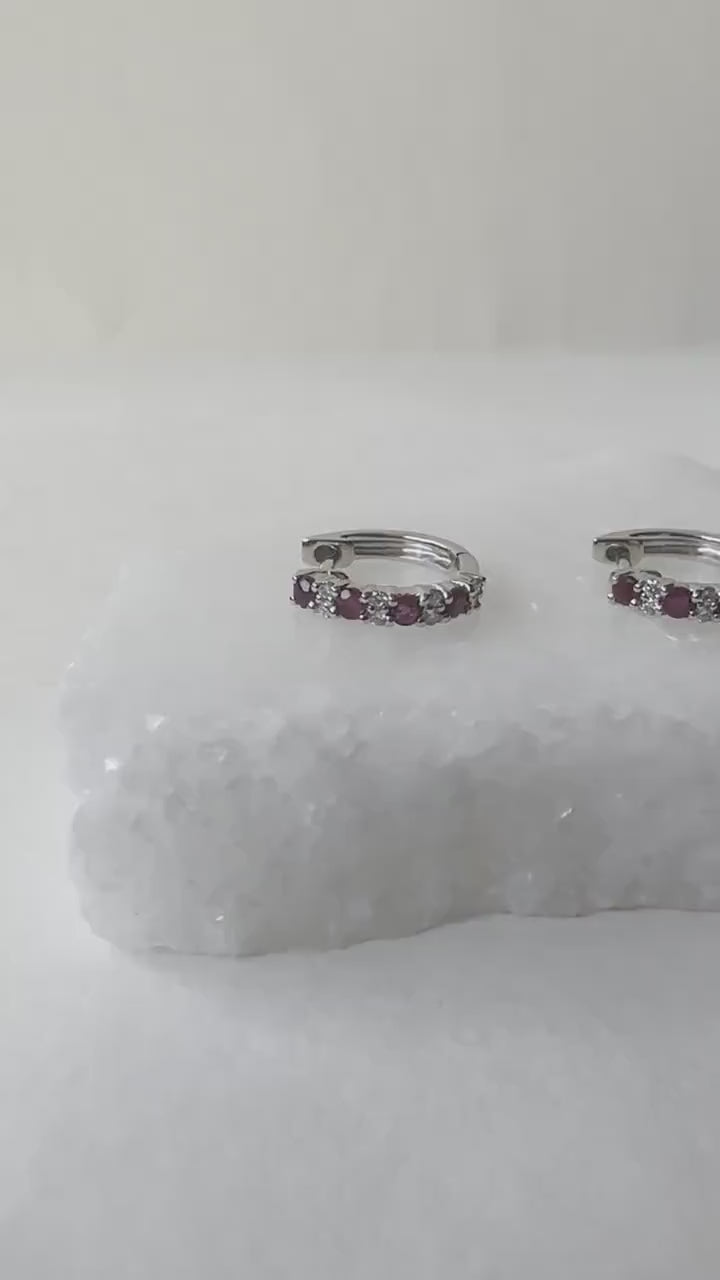 18K Solid Gold Genuine Ruby and Diamond Hoops/Pair