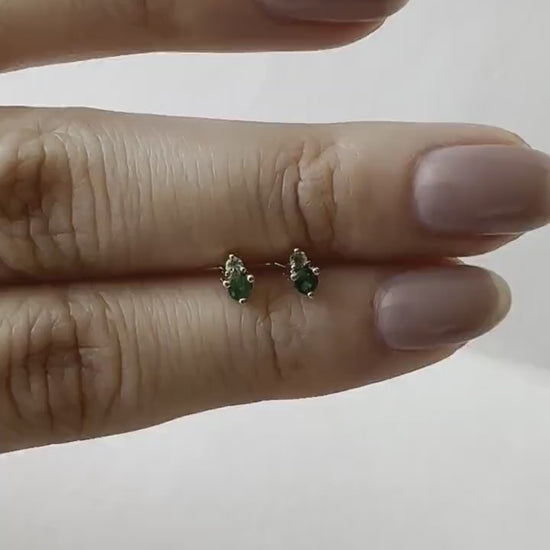 14K Solid Gold Genuine Emerald and Green Sapphire Stacked Studs/Pair