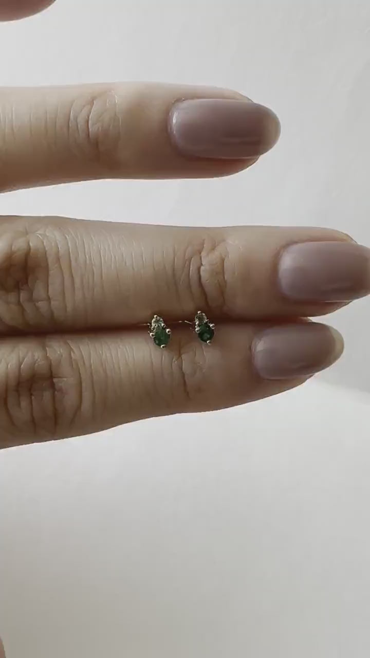 14K Solid Gold Genuine Emerald and Green Sapphire Stacked Studs/Pair