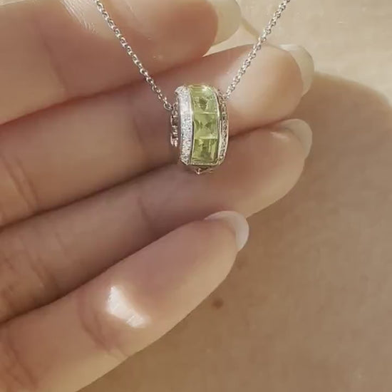 18K Solid Gold Genuine Peridot and Diamond Barrel Pendant (pendant only)