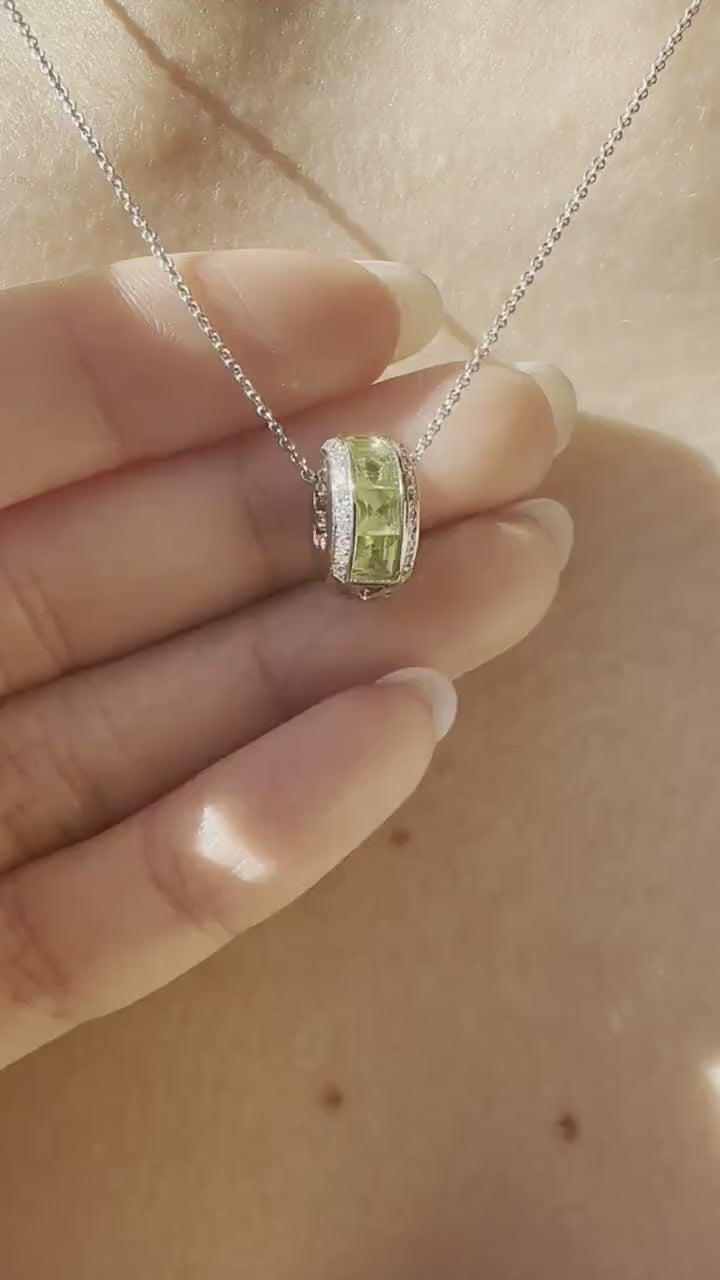 18K Solid Gold Genuine Peridot and Diamond Barrel Pendant (pendant only)