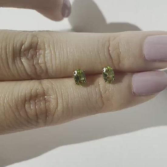 14K Solid Gold Natural Peridot Stud Earrings | Genuine Peridot Earrings | August Birthstone | Oval Gold Studs | Fine Jewelry Gift for Her