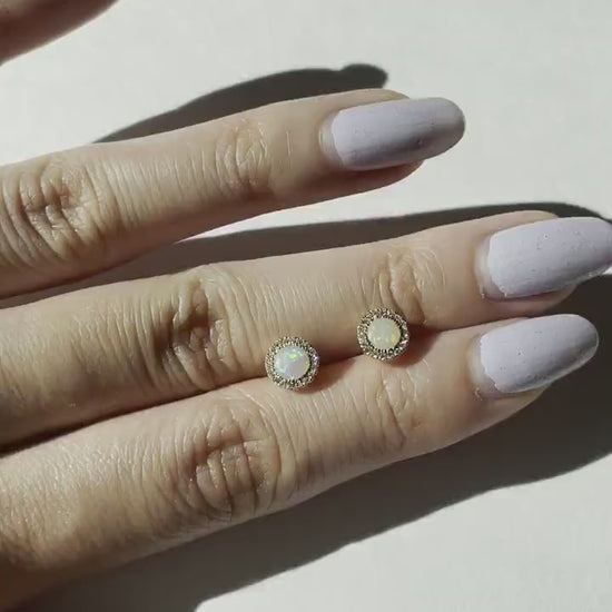 14K Solid Gold Opal and Diamond Studs