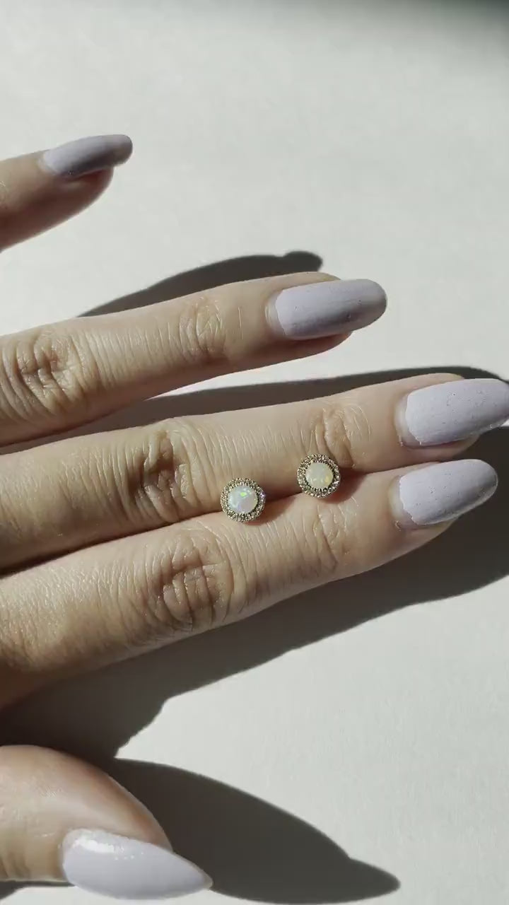 14K Solid Gold Opal and Diamond Studs
