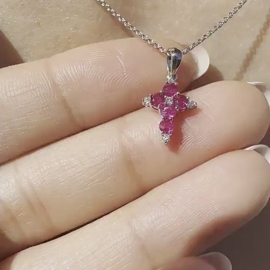 Natural Ruby Cross Pendant | 14K Solid Gold Ruby Diamond Cross Pendant | Genuine Ruby Necklace Charm | July Birthstone Gift