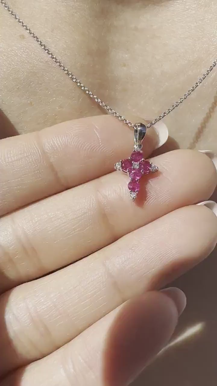 Natural Ruby Cross Pendant | 14K Solid Gold Ruby Diamond Cross Pendant | Genuine Ruby Necklace Charm | July Birthstone Gift