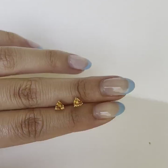 18K Solid White Gold Genuine Orange Sapphire Triangle Studs/Pair