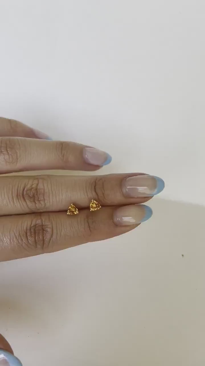 18K Solid White Gold Genuine Orange Sapphire Triangle Studs/Pair