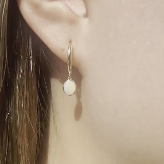 14K Solid Gold Genuine Bezel Australian Opal Dangle Hoops